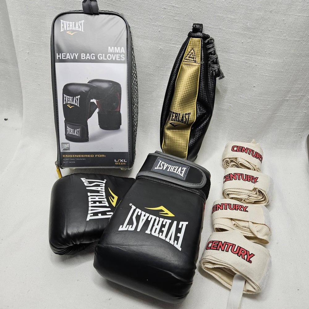Everlast MMA Heavy Bag Gloves L/XL Black Century Hand Wrap Speed Bag Bundle Gear